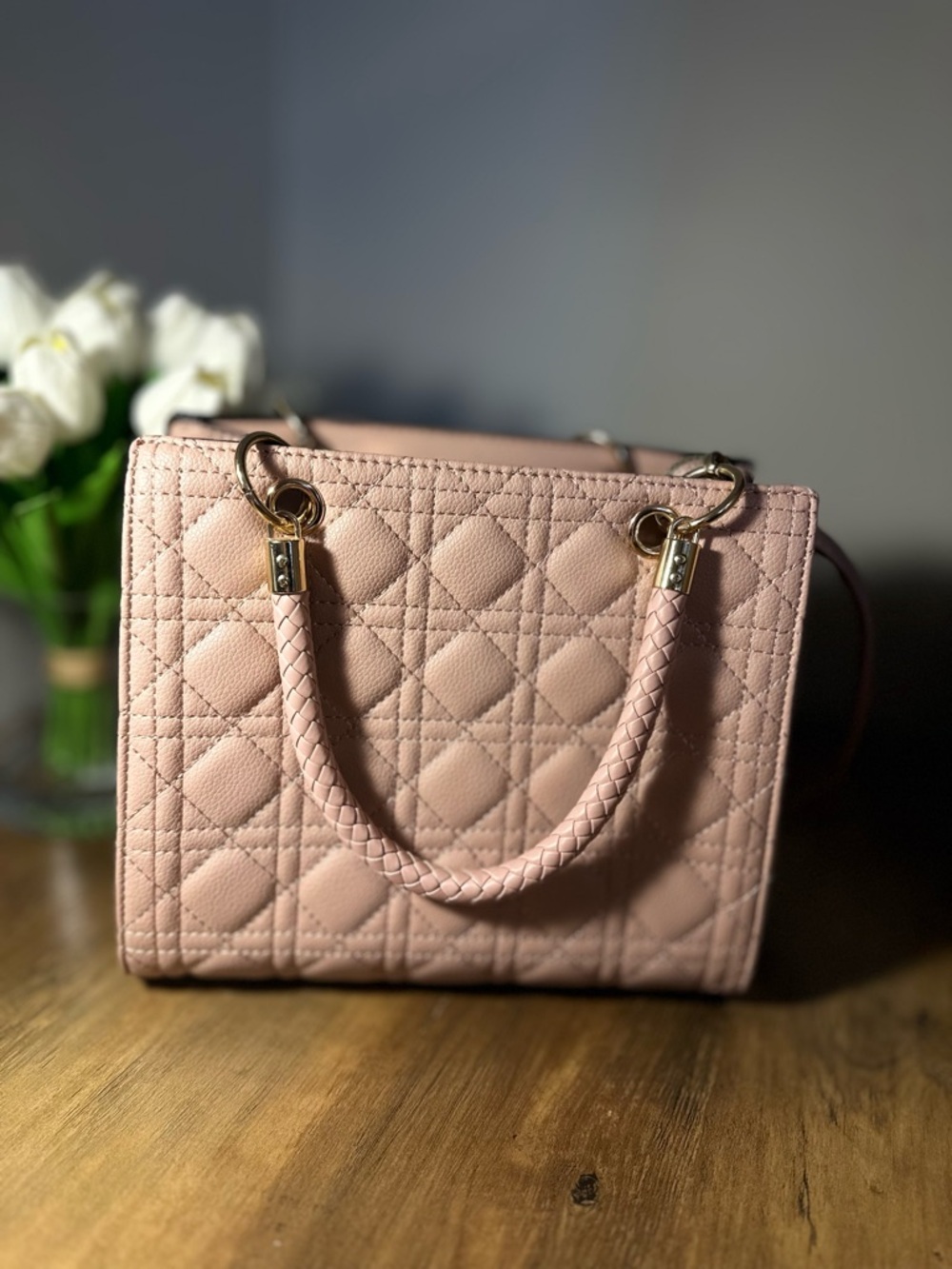 Dusty Rose Quilted Handbag | Elegant Braided Handles | Classic Style